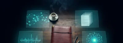 Escritorio ejecutivo de noche con un dossier cerrado en el centro rodeado de cuatro paneles que representan gobierno de datos, privacidad, ciberseguridad e inteligencia artificial