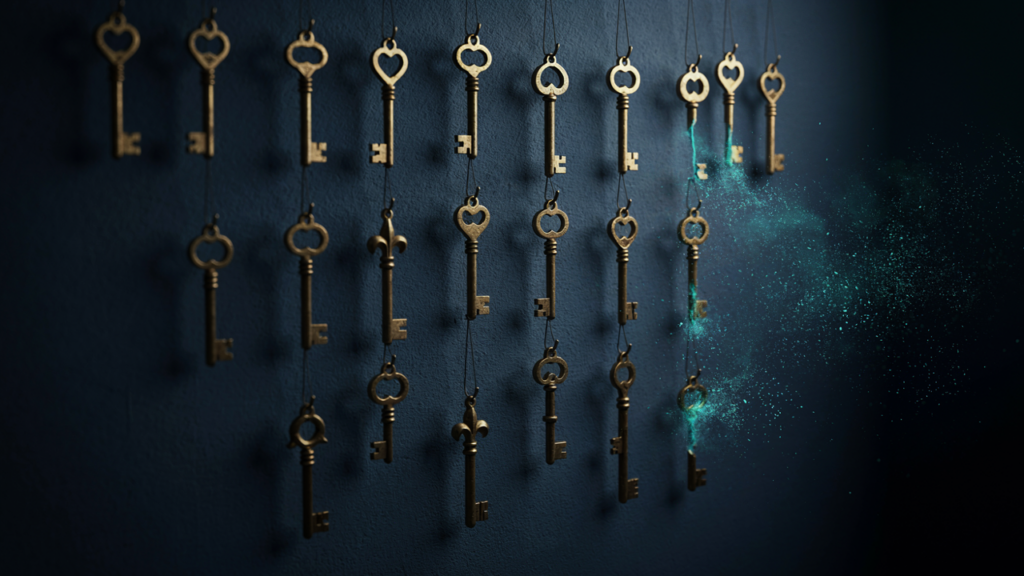Rejilla de llaves antiguas de bronce colgadas en una pared oscura, con varias de ellas disolviéndose en partículas de luz teal, representando certificados digitales que expiran